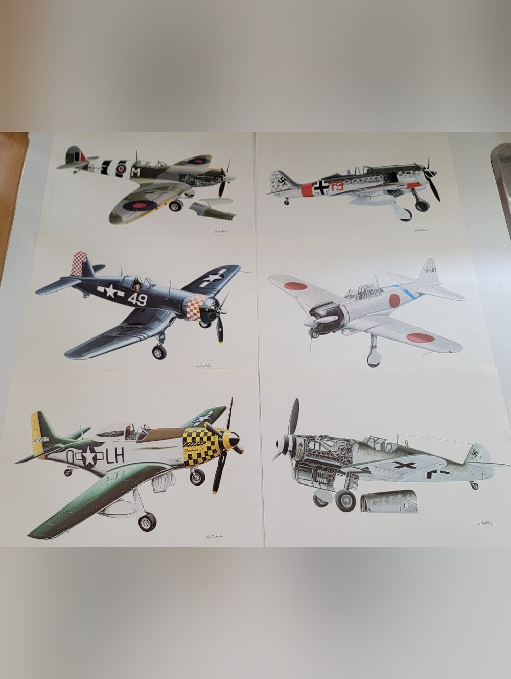 Set of 6 World War II military aircraft illustrations by artist John Batchelor